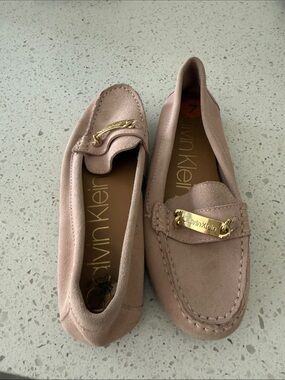 Calvin Klein Blush Suede Moccasin Loafers with Gold Hardware